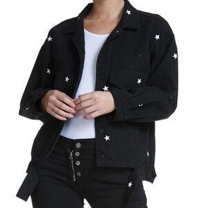 ELAN Denim Jean Jacket Star Print Women Size Medium Black White Oversized Pocket